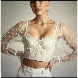 Runaway The Label Polka Dot‎ Mesh Sleeve Corset Crop Top Beige Cream Small US 4